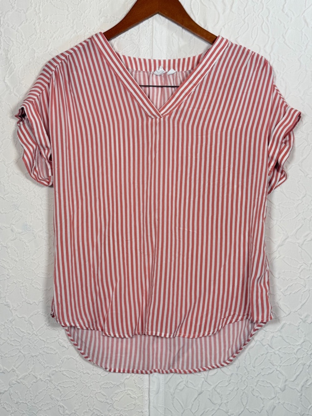 Gap Pink & White Striped V Neck Viscose Blouse Sz M